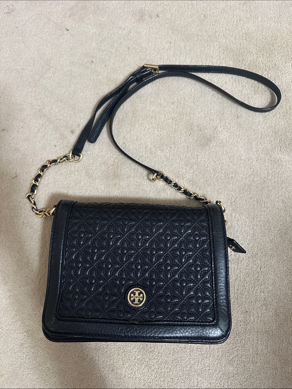 Tory Burch Black Quilted Logo Crossbody with Gold Hardware